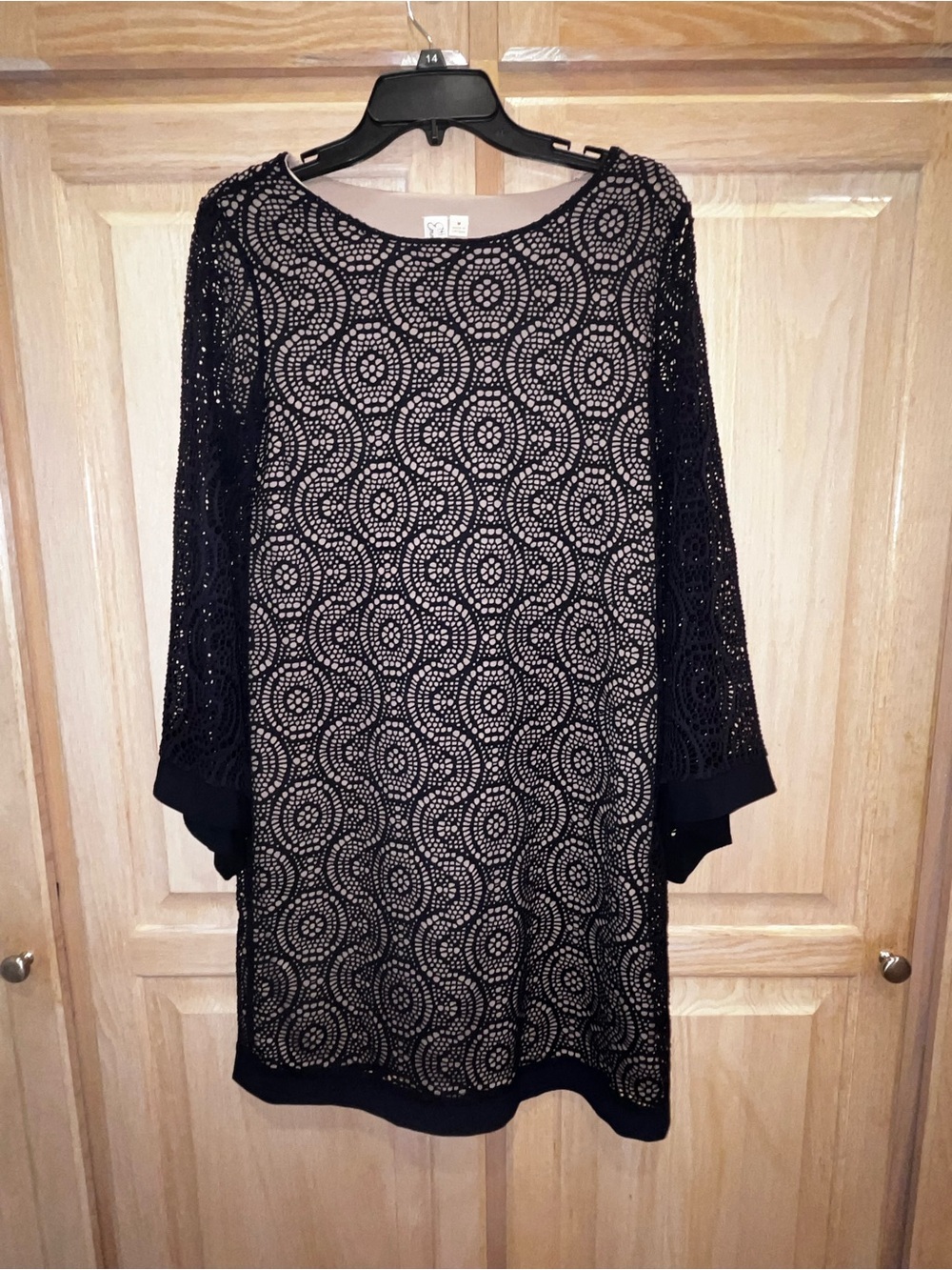 Emma & Michele Navy Crochet Overlay with Taupe Lining and Flared Sleeves